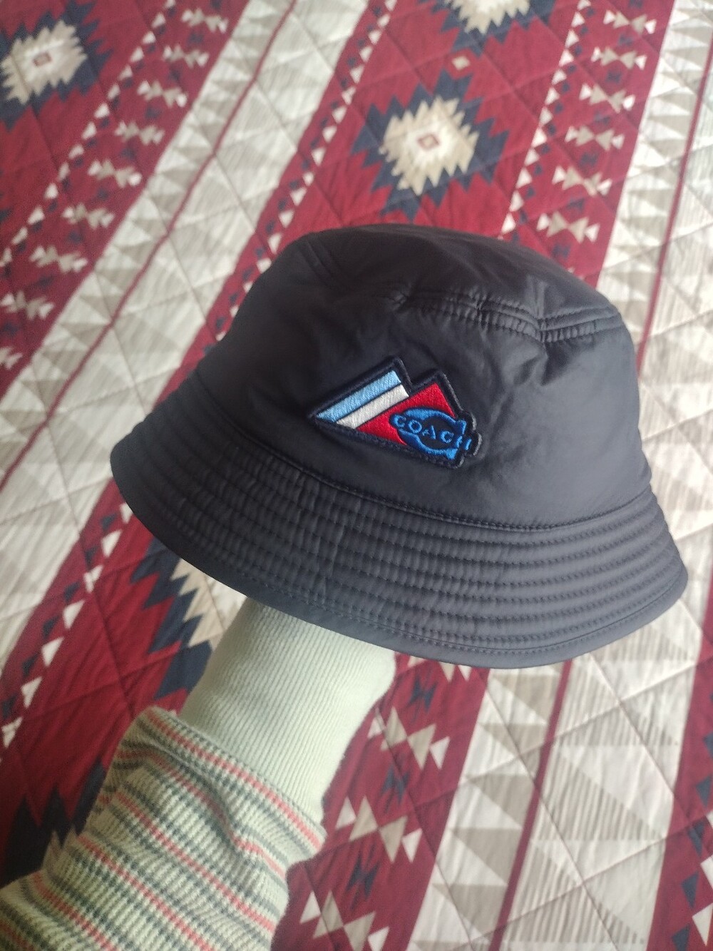 Coach Black Bucket Hat with Red & Blue Logo Patch. Like New.